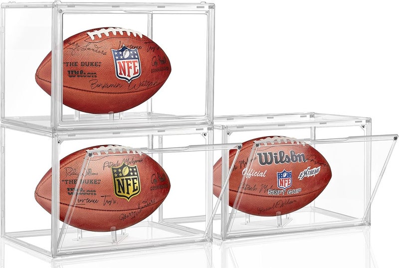 KKU 3 Pack Football Display Case, Acrylic Clear Football Case Full Size with Magnetic Door, Professional Memorabilia Football Display Boxes Football Holder Dust and UV Protection - Image 1